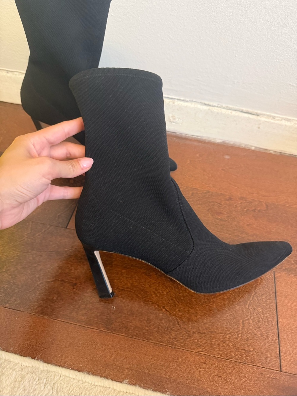 Stuart Weitzman Black Stretch-Knit Pointed Ankle Boots